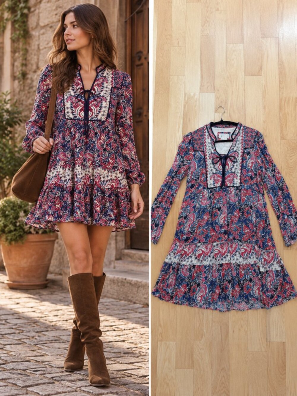 Maeve Red Blue Paisley Floral Lace Up Mini Dress Tiered Bohemian L